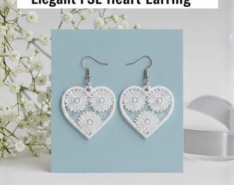 Diseño de bordado para aretes de corazón FSL / Aretes de corazón de encaje de pie, aro 4x4 / Descarga instantánea