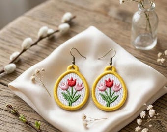 Pendientes de huevo de Pascua con tulipán de FSL / Joyería de primavera de FSL (descarga digital)