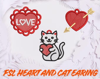 FSL Heart & Cat-oorbellen Ornamenten Geborduurd ontwerpbundel Digitale bestanden downloaden