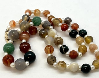 Vintage Agate & Freshwater Pearl Necklace/14K Gold Filigree Box Clasp/Boho Gemstone Jewelry