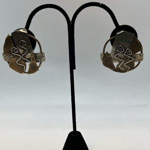 Brutalist artisan silver and brass post earrings