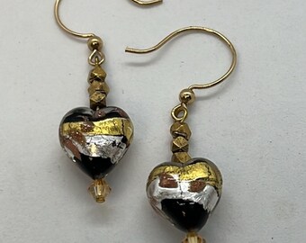 Foiled art glass heart GF hook earrings