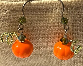 Glass Pumpkin Earrings, 925 Silver Hooks, Fall Autumn Jewelry
