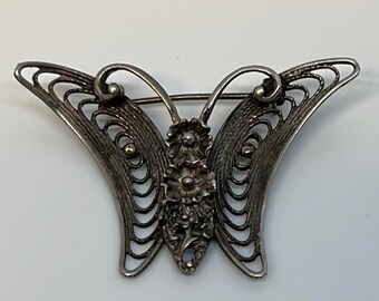 Vintage BEAU Filigree Woven carved flower butterfly silver brooch