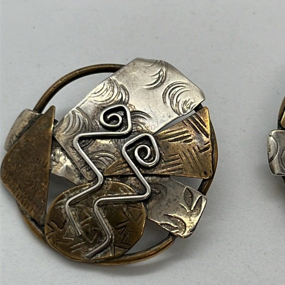 Brutalist artisan silver and brass post earrings - image 4