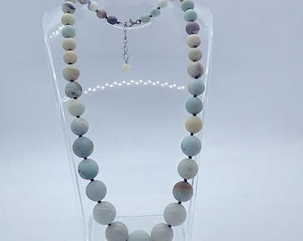 Graduated Amazonite Necklace, Knotted Gemstone Beads, Silver Clasp