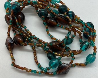 Recycled Glass Long Necklace, Turquoise & Brown Flapper Style