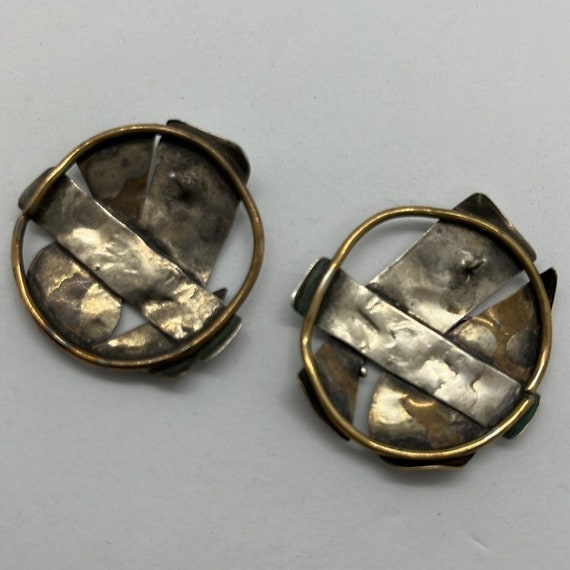 Brutalist artisan silver and brass post earrings - image 5