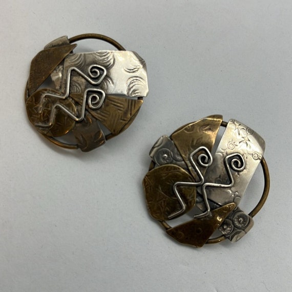 Brutalist artisan silver and brass post earrings - image 2