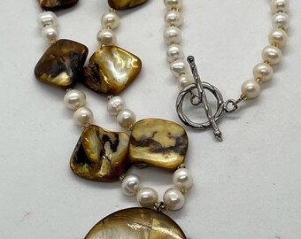 Golden dye Shell and Freshwater Pearl Necklace ~ artisan made
