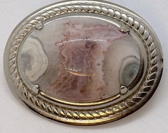 Vintage Ocean Jasper Cabochon Brooch: Bezel Set, Rope Edge