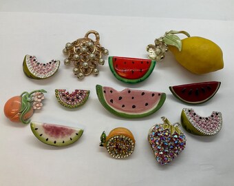 Fruit scatter brooches/pins summer tiki party, ceramic, metal, faux pearls, signed and unsigned