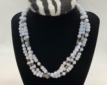 Blue Lace agate triple strand handcrafted necklace w/silver clasp -necklace only