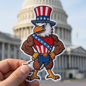 May include: Embroidered patch featuring a patriotic eagle character with a red, white, and blue color scheme. The eagle is wearing a top hat and a sash with stars. The patch is held in front of the U.S. Capitol building.