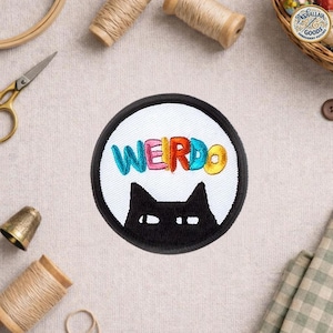 Weirdo Cat Iron On Patch, Funny Black Cat Embroidered Patch, Cute Weird Cat Badge for Jacket Backpack Hat Gift