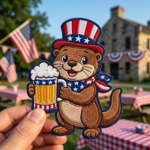 Patriotic Otter 4th of July Patch, American Flag Uncle Sam Hat Beer Iron On Emblem, USA Independence Day BBQ Cute Animal Souvenir Badge