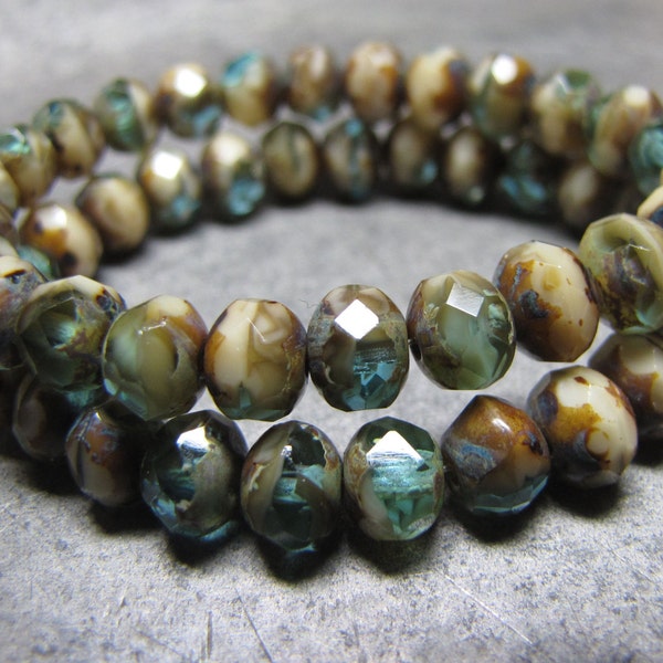 MERMAID SHORES 12 pc Beach Green Blue Mermaid Tan Brown Sand Picasso Beads 6x4 4x6 Glass Rondell