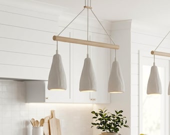 Sculptural Island Pendant in Organic Mineral Clay. Minimalist Wabi Sabi Lighting for Kitchen Dining Interiors. The Droplet Trio.