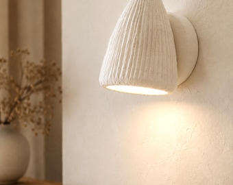 Hand-Sculpted White Wall Sconce, Textured Hardwired Light for Japandi Bedroom and Organic Modern Interiors, One Sconce