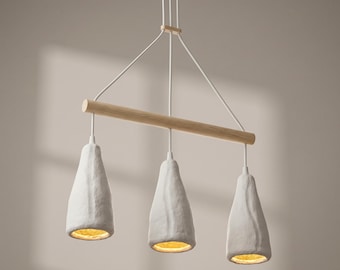 Sculptural Island Pendant in Organic Mineral Clay. Minimalist Wabi Sabi Lighting for Kitchen Dining Interiors. The Droplet Trio.