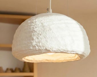 Large White Wabi Sabi Pendant Light: Mineral Composite Hanging Lamp for Minimalist Japandi Kitchens and Organic Modern Dining Rooms