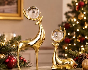 Gold Deer Figurine Set with Clear Orb, Modern Reindeer Home Decor, Elegant Shelf Table Sculpture, Housewarming Gift