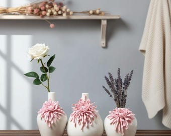 Weiße Porzellan Blumenvase, 3D Rosa Blumendekor