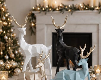 Geometric Deer Figurine Set of 2, Modern Reindeer Decor, Minimalist Christmas Shelf Decor, Deer Home Accent