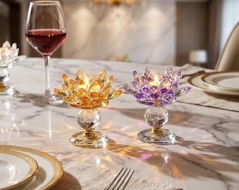 Clear Glass Lotus Tealight Candle Holder, Crystal Candle Stand,  Elegant Table Decor for Home Party Dining Room