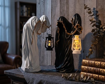 Ghost Figurine with LED Lantern, Spooky Halloween Decor, Gothic Home Decor, Faceless Hooded Ghost, Halloween Shelf Decor