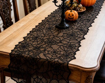 Spider Web Table Runner, Black Lace Halloween Table Decor, 18x72 Inch Gothic Dining Runner, Halloween Party Home Decor