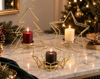 Gold Christmas Candle Holder, Metal Tree Star Candle Stand, Holiday Table Centerpiece, Festive Christmas Home Decor
