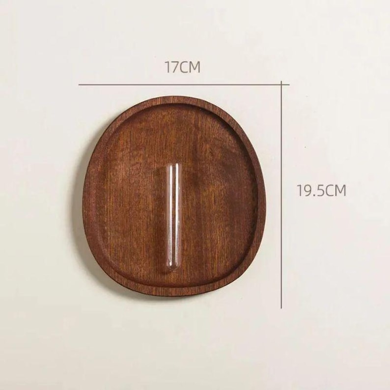 Pu&ograve; includere: Un vaso da parete rotondo in legno marrone scuro con un tubo di vetro trasparente al centro. La base in legno misura 17 cm di larghezza e 19,5 cm di altezza. Adatto per un singolo stelo o piccole composizioni floreali.