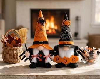 Halloween Gnome Witch Decor Set of 2, Black & Orange Spider Figurines, Spooky Shelf Decor