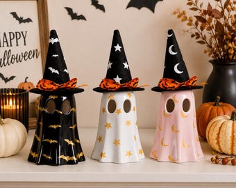 Set of 3 Ceramic Halloween Ghost Figurines with Witch Hats, Spooky Mantel Decor