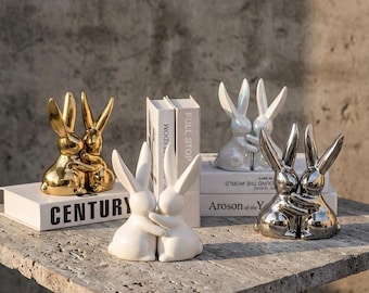 Set di statuette di conigli in ceramica, fermalibri a forma di coniglietto, scultura di coppia di conigli, elegante regalo per la casa, decorazione per mensola pasquale