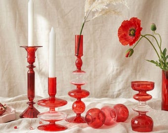 Red Candle Holder, Glass Taper Vase,  Christmas Decoration, Wedding Table Ornament, Home Decor Gift