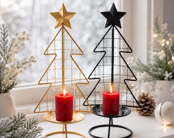 Christmas Candle Holder, Metal Christmas Tree Decor, Gold or Black Holiday Table Centerpiece, Festive Candle Stand
