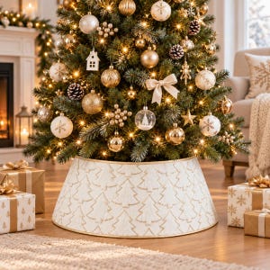 Peut inclure: Un cache-pied de sapin de Noël conique blanc avec une surface texturée ornée d'un motif répétitif de sapins brodés en fil doré. La base présente une bordure dorée sur les bords supérieur et inférieur, offrant un habillage structuré.