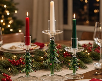 Set of 3 Glass Christmas Tree Candle Holders, Green Taper Candle Stands, Holiday Dining Table Decor, Christmas Centerpiece