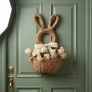 May include: A woven bunny-shaped wall hanging with a basket of white flowers. The bunny has large ears and a circular body, with a cream ribbon tied in a bow. The basket is filled with dried white flowers, creating a charming Easter decoration for a door.