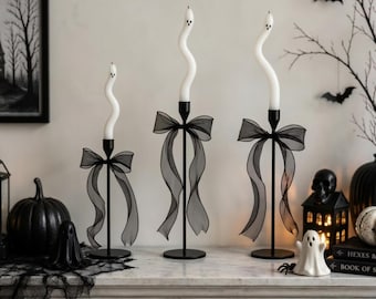 Halloween Ghost Candle Set, 3 or 6 Twisted Taper Candles with Holders & Ribbon