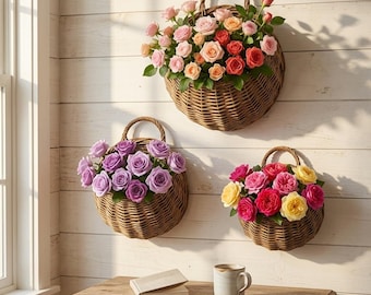 Fioriera da parete in vimini, cestino sospeso in rattan, decorazione da parete boho, portavaso, fioriera da giardino da parete, decorazione rustica per la casa
