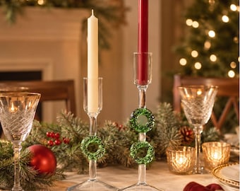 Set of 2 Christmas Tree Glass Candle Holders, Green Taper Candle Stands, Holiday Table Decor, Festive Christmas Centerpiece