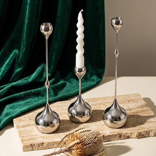 Set Candle Holders, Minimal Silver Metal Candle Holder, Modern Candlestick Set, Sculptural Table Decor, Contemporary Home Accessories