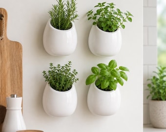 Set di 4 vasi da parete in ceramica, vasi sospesi per fiori, set di vasi da parete bianchi, porta piante da interno, decorazione salvaspazio per la casa.