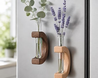Vaso magnetico in legno per fiori, porta piante da frigorifero, vaso in provetta di vetro, piccolo complemento d'arredo botanico per la casa.