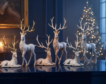 Deer Figurine Set, Reindeer Statues, Christmas Deer Decor, Gold Antler Deer, Holiday Tabletop and Mantel Decoration