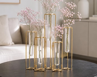 Glass Tube Propagation Vase Set, Gold Metal Flower Vase, 5 Tube Desktop Planter, Modern Botanical Home Decor