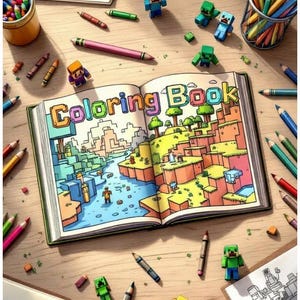 以下が含まれることがあります： 「Coloring Book」というタイトルの開いた塗り絵本は、カラフルな風景のイラストを表示しています。色鉛筆、クレヨン、キャラクターフィギュアに囲まれています。シーンは木製の表面に設定されています。
